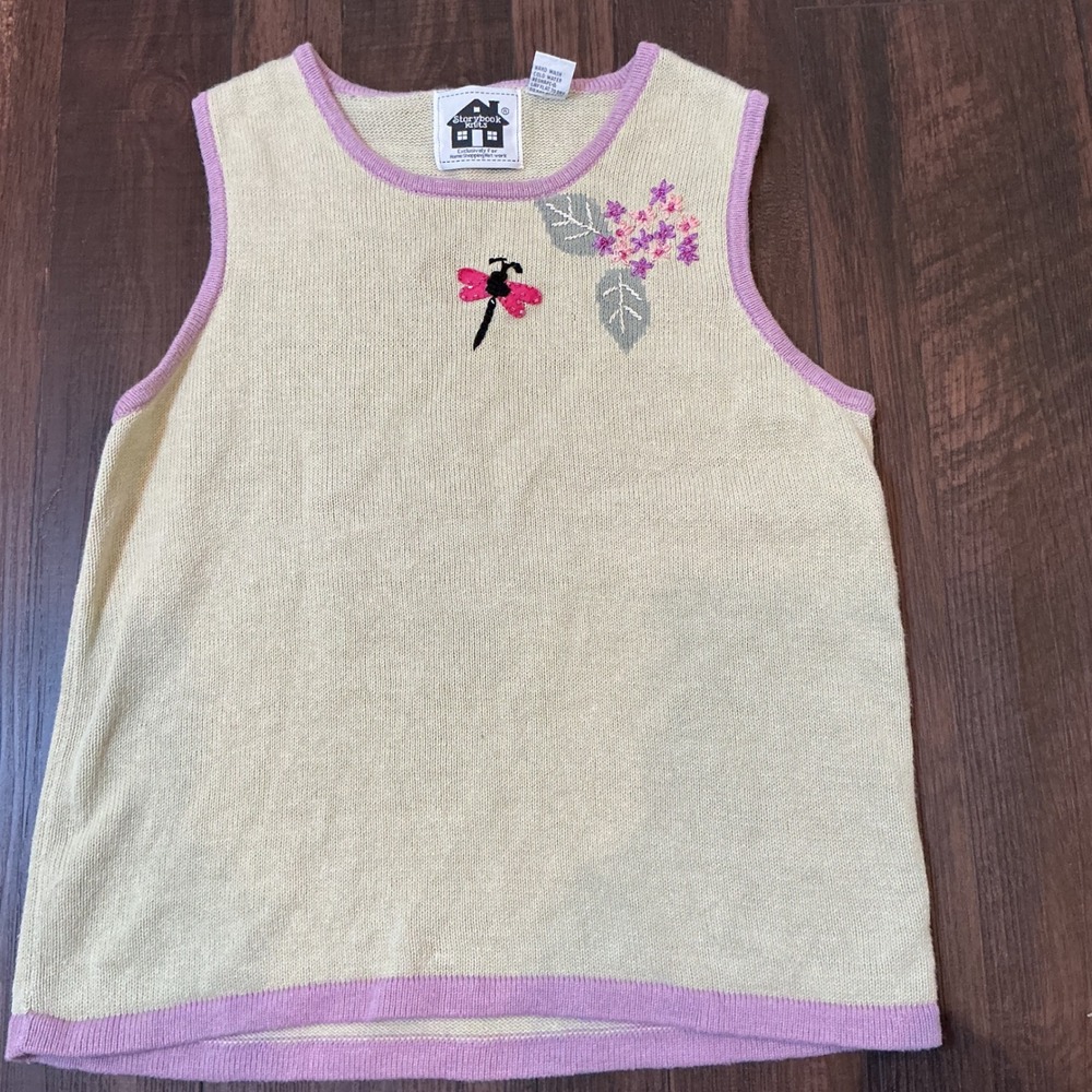 Storybook Knits Vintage Embroidered Dragonfly Sweater Vest Yellow Purple Size M
